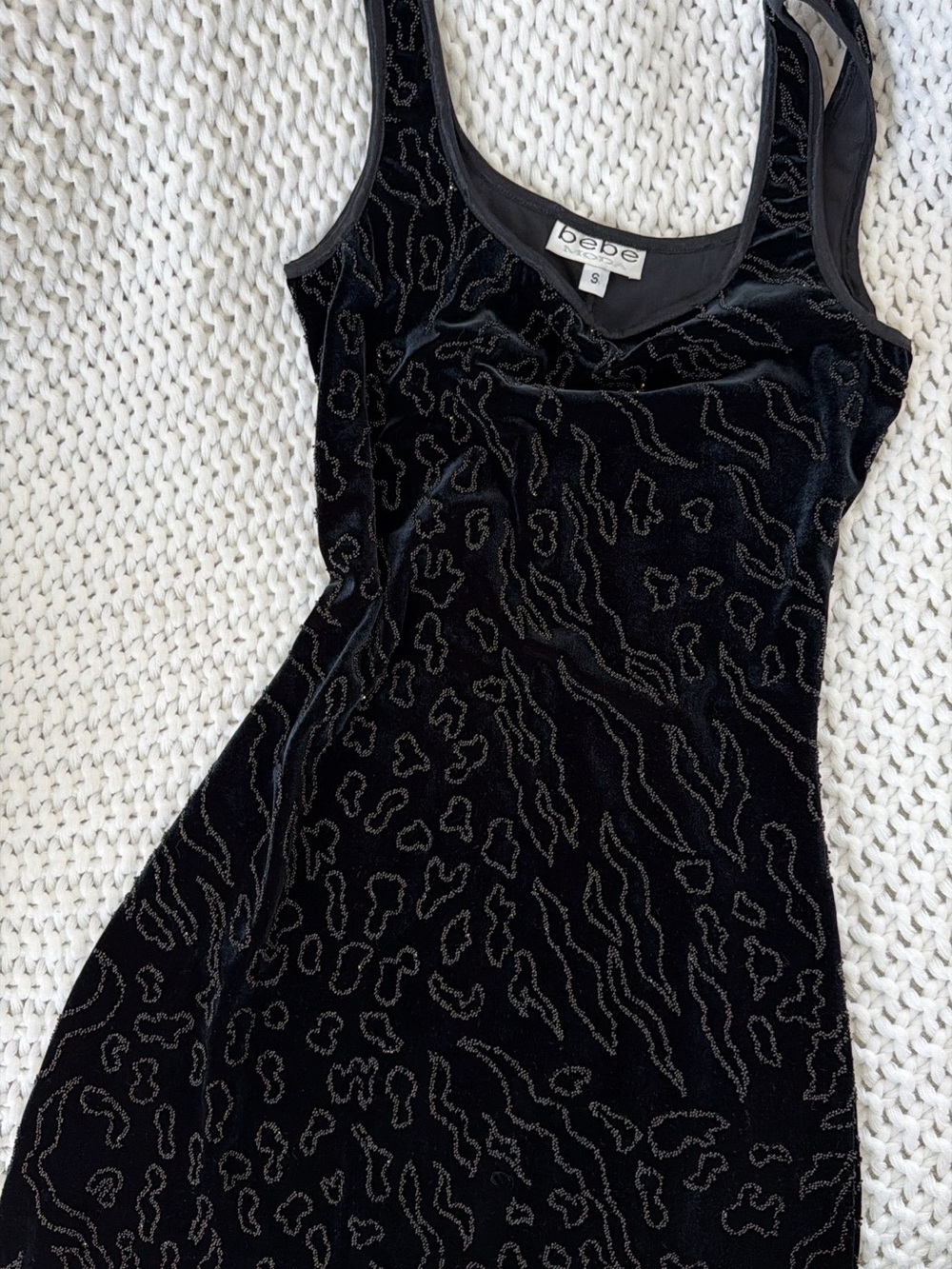 Vintage Bebe Black Velvet Abstract Mini Dress S - Picture 6 of 7